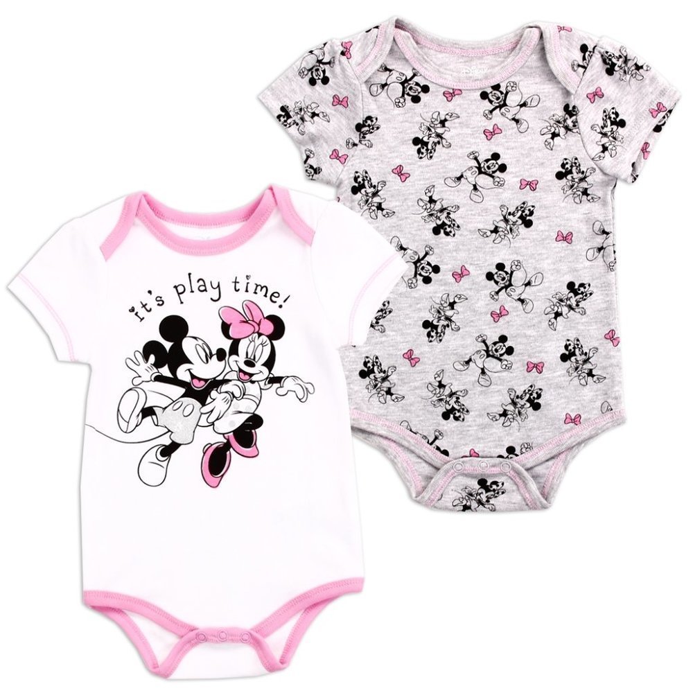 Minnie Mouse Girls Newborn 2-Pack Bodysuits Pink White Grey Sizes 0-3 & 3-6